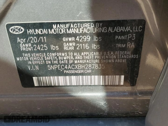 2011 Hyundai Sonata Limited with VIN 5NPEC4ACXBH287835, listed as a Copart auction lot 49721205 with 155,684 mi miles and Non Repairable. Bid and sale history available at DreamBid. Image 12.