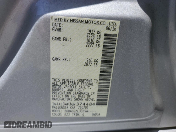 2016 Nissan Altima S z VIN 1N4AL3AP3GN374484, wystawiony jako Copart lot #57723495 z przebiegiem 116 495 mil mil oraz Szkoda całkowita • Salvage title. Historia ofert i sprzedaży dostępna na DreamBid. Obrazek 12.