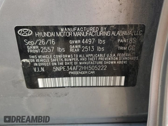 2017 Hyundai Sonata Sport with VIN 5NPE34AF2HH505222, listed as a Copart auction lot 55269045 with 122,860 mi miles and Salvage Title. Bid and sale history available at DreamBid. Image 12.