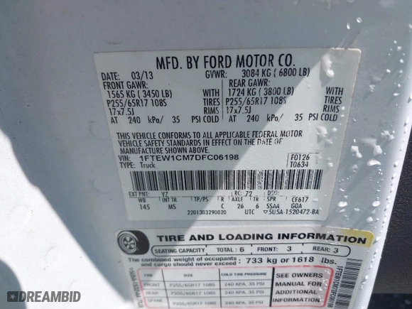 2013 Ford F-150 XL with VIN 1FTEW1CM7DFC06198, listed as a IAAI auction lot 41979746 with 197,674 mi miles. Bid and sale history available at carsss.com. Image 9.