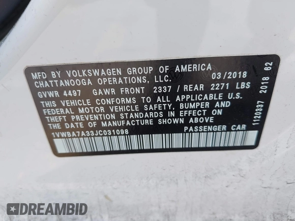 2018 Volkswagen Passat SE z VIN 1VWBA7A33JC031098, wystawiony jako IAAI lot #41915976 z przebiegiem 147 454 mil mil oraz . Historia ofert i sprzedaży dostępna na DreamBid. Obrazek 9.