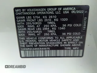 2022 Volkswagen Atlas SE z VIN 1V2WR2CA6NC544975, wystawiony jako IAAI lot #39643571 z przebiegiem 42 210 mil mil oraz . Historia ofert i sprzedaży dostępna na DreamBid. Obrazek 9.