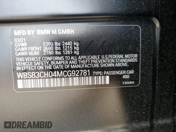 2021 BMW M5 z VIN WBS83CH04MCG92781, wystawiony jako Copart lot #52568153 z przebiegiem 29 528 mil mil oraz . Historia ofert i sprzedaży dostępna na DreamBid. Obrazek 13.
