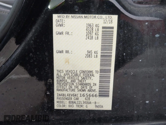 2019 Nissan Altima 2.5 SL with VIN 1N4BL4EV6KC165666, listed as a IAAI auction lot 41793064 with 171,927 mi miles. Bid and sale history available at carsss.com. Image 9.