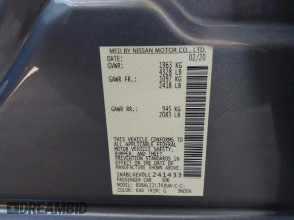 2020 Nissan Altima 2.5 SL with VIN 1N4BL4EV0LC241433, listed as a IAAI auction lot 41664402 with 84,106 mi miles. Bid and sale history available at carsss.com. Image 9.