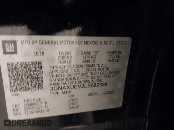 2020 Chevrolet Equinox LT with VIN 3GNAXUEV2LS582389, listed as a IAAI auction lot 41427786 with 66,641 mi miles and . Bid and sale history available at DreamBid. Image 9.