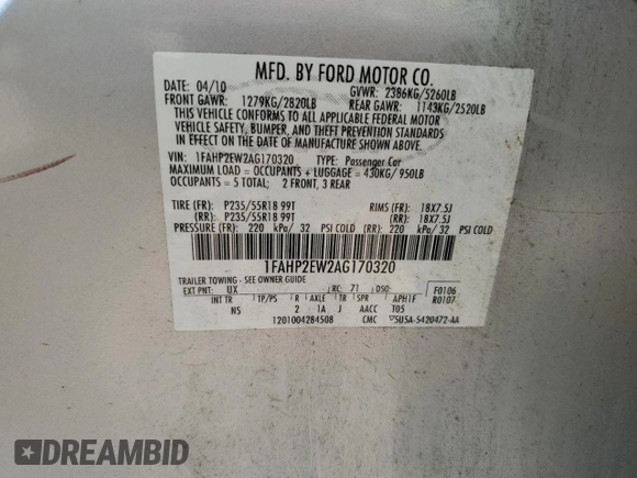 2010 Ford Taurus SEL with VIN 1FAHP2EW2AG170320, listed as a Copart auction lot 53860695 with 172,286 mi miles and Salvage Title. Bid and sale history available at carsss.com. Image 12.
