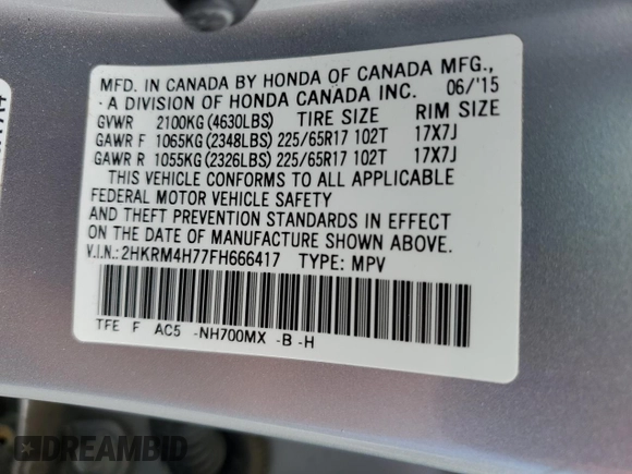 2015 Honda CR-V EX-L with VIN 2HKRM4H77FH666417, listed as a Copart auction lot 52045265 with 74,364 mi miles and Salvage Title. Bid and sale history available at carsss.com. Image 13.