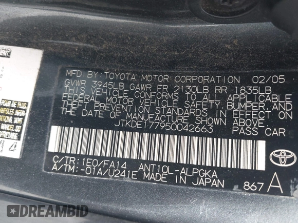 2005 Scion tC with VIN JTKDE177950042663, listed as a IAAI auction lot 42120575 with 255,225 mi miles. Bid and sale history available at carsss.com. Image 9.