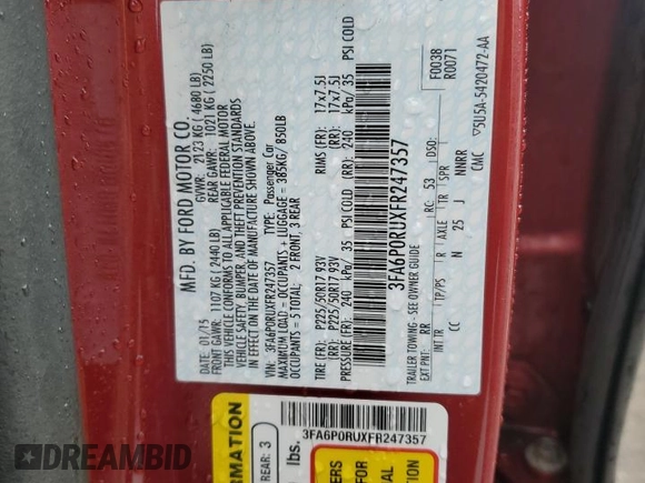 2015 Ford Fusion Titanium Hybrid with VIN 3FA6P0RUXFR247357, listed as a Copart auction lot 55943975 with 112,278 mi miles and Salvage title. Bid and sale history available at DreamBid. Image 12.