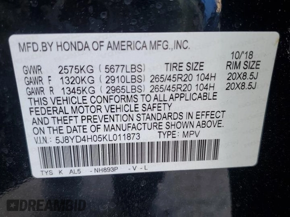 2019 Acura MDX Technology with VIN 5J8YD4H05KL011873, listed as a Copart auction lot 60115525 with 47,025 mi miles and Salvage title. Bid and sale history available at DreamBid. Image 14.