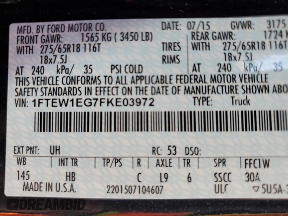 2015 Ford F-150 XLT with VIN 1FTEW1EG7FKE03972, listed as a Copart auction lot 76089394 with 101,694 mi miles and Salvage Title. Bid and sale history available at carsss.com. Image 14.