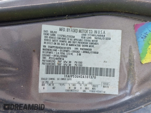 2002 Ford Taurus SE Standard with VIN 1FAFP53U42A101370, listed as a IAAI auction lot 42469376 with 149,111 mi miles and . Bid and sale history available at DreamBid. Image 9.