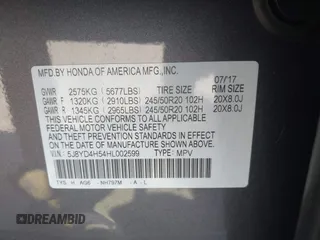2017 Acura MDX Technology z VIN 5J8YD4H54HL002599, wystawiony jako IAAI lot #42146227 z przebiegiem 143 053 mil mil oraz . Historia ofert i sprzedaży dostępna na DreamBid. Obrazek 9.
