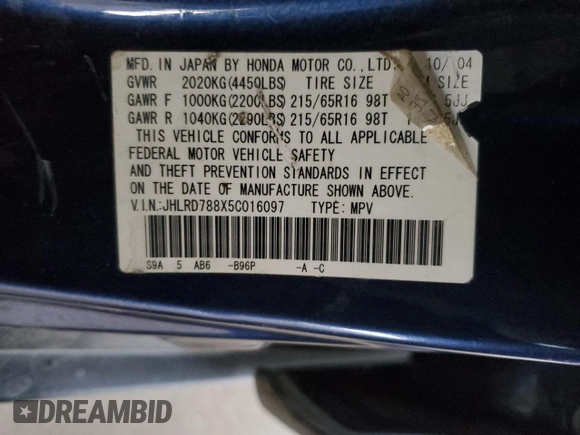 2005 Honda CR-V EX with VIN JHLRD788X5C016097, listed as a Copart auction lot 42830605 with 273,280 mi miles and Salvage Title. Bid and sale history available at carsss.com. Image 15.