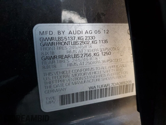 2013 Audi allroad Premium Plus with VIN WA1UFAFL7DA069205, listed as a Copart auction lot 80412114 with 124,776 mi miles and Salvage Title. Bid and sale history available at carsss.com. Image 13.