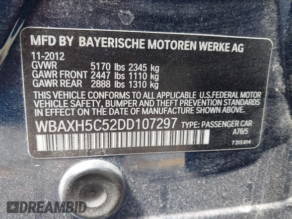 2013 BMW 5 Series 528i xDrive with VIN WBAXH5C52DD107297, listed as a IAAI auction lot 42004619 with 182,805 mi miles. Bid and sale history available at carsss.com. Image 9.