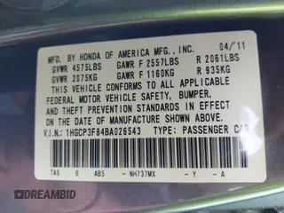 2011 Honda Accord EX-L with VIN 1HGCP3F84BA026543, listed as a IAAI auction lot 41932346 with 310,874 mi miles and . Bid and sale history available at DreamBid. Image 9.