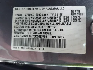2019 Honda Odyssey EX-L with VIN 5FNRL6H70KB095795, listed as a IAAI auction lot 41535095 with 66,226 mi miles. Bid and sale history available at carsss.com. Image 9.