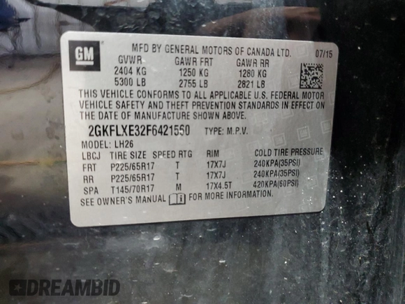 2015 GMC Terrain SLT with VIN 2GKFLXE32F6421560, listed as a Copart auction lot 64483625 with 137,549 mi miles and Salvage title. Bid and sale history available at DreamBid. Image 13.