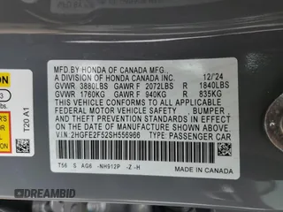 2025 Honda Civic Sport with VIN 2HGFE2F52SH556966, listed as a Copart auction lot 51869595 with 1,237 mi miles and Salvage title. Bid and sale history available at DreamBid. Image 12.