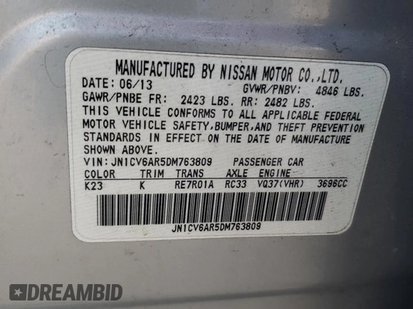 2013 Infiniti G37 x with VIN JN1CV6AR5DM763809, listed as a Copart auction lot 43783605 with 121,752 mi miles and Salvage Title. Bid and sale history available at carsss.com. Image 12.