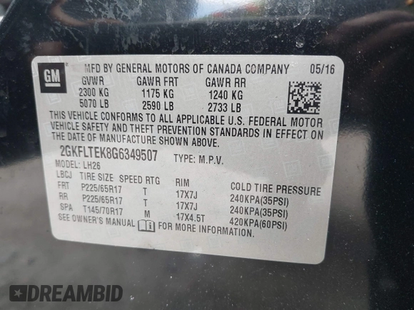2016 GMC Terrain SLE with VIN 2GKFLTEK8G6349507, listed as a IAAI auction lot 42136580 with 123,174 mi miles and . Bid and sale history available at DreamBid. Image 9.