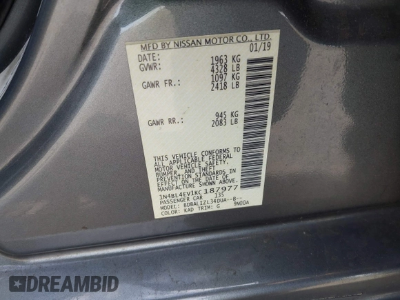 2019 Nissan Altima SL with VIN 1N4BL4EV1KC187977, listed as a IAAI auction lot 42001125 with 157,080 mi miles and . Bid and sale history available at DreamBid. Image 9.