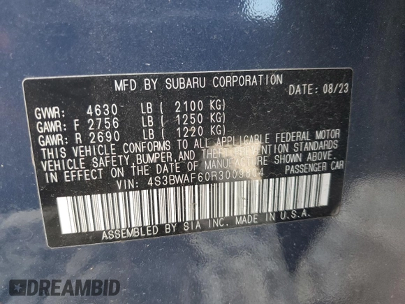 2024 Subaru Legacy Premium with VIN 4S3BWAF60R3009804, listed as a Copart auction lot 68354134 with Not provided miles and Salvage title. Bid and sale history available at DreamBid. Image 15.