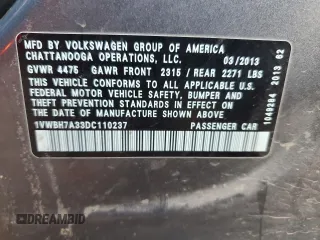 2013 Volkswagen Passat SE with VIN 1VWBH7A33DC110237, listed as a Copart auction lot 85404764 with 223,426 mi miles and Salvage Title. Bid and sale history available at carsss.com. Image 14.