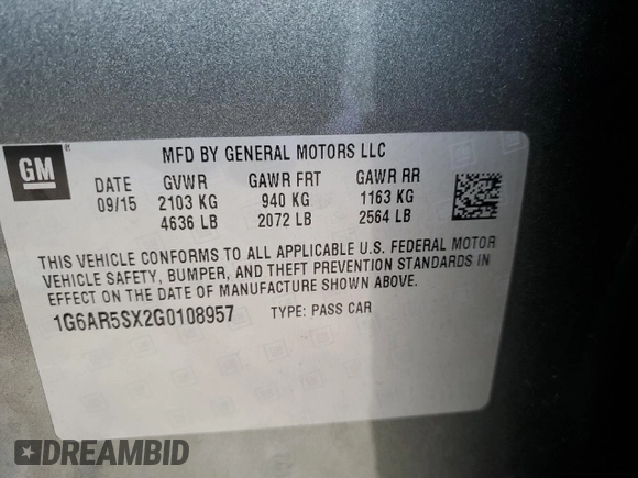 2016 Cadillac CTS Sedan Luxury Collection RWD with VIN 1G6AR5SX2G0108957, listed as a Copart auction lot 46696345 with 94,027 mi miles and Salvage Title. Bid and sale history available at carsss.com. Image 14.