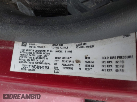 2004 Chevrolet Colorado 1SB LS Z85 with VIN 1GCDT136348144163, listed as a IAAI auction lot 41666368 with 152,719 mi miles. Bid and sale history available at carsss.com. Image 9.