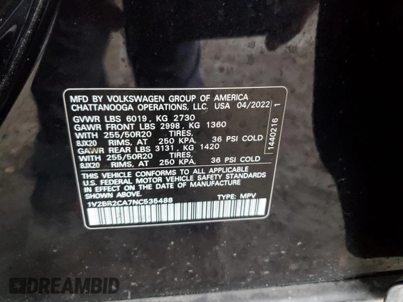 2022 Volkswagen Atlas SEL z VIN 1V2BR2CA7NC535488, wystawiony jako Copart lot #47613025 z przebiegiem 39 834 mil mil oraz Szkoda całkowita • Salvage title. Historia ofert i sprzedaży dostępna na DreamBid. Obrazek 16.