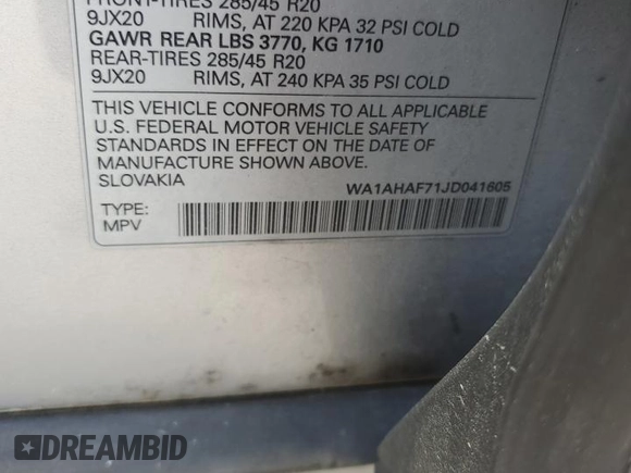 2018 Audi Q7 Premium with VIN WA1AHAF71JD041605, listed as a Copart auction lot 54475345 with 92,267 mi miles and Salvage title. Bid and sale history available at DreamBid. Image 12.