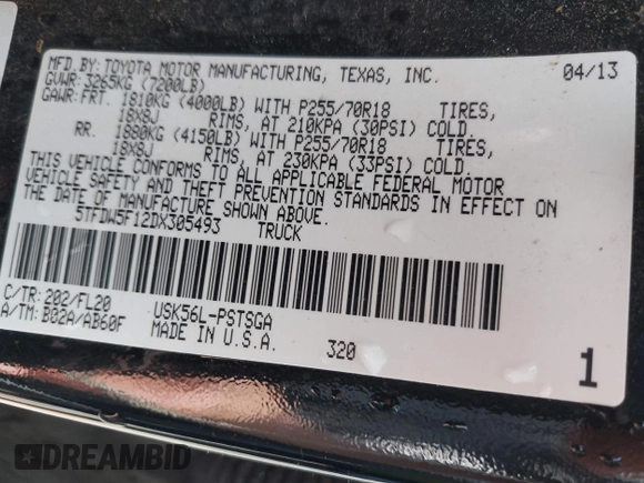 2013 Toyota Tundra with VIN 5TFDW5F12DX305493, listed as a IAAI auction lot 42265066 with 192,462 mi miles and . Bid and sale history available at DreamBid. Image 9.
