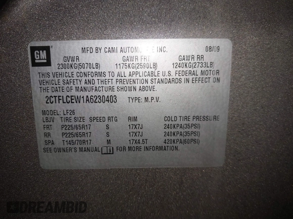 2010 GMC Terrain SLE-1 with VIN 2CTFLCEW1A6230403, listed as a IAAI auction lot 41725286 with 191,846 mi miles. Bid and sale history available at carsss.com. Image 9.