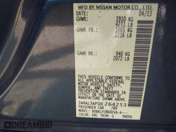 2013 Nissan Altima S with VIN 1N4AL3AP5DC264253, listed as a IAAI auction lot 42126648 with 189,122 mi miles and . Bid and sale history available at carsss.com. Image 9.