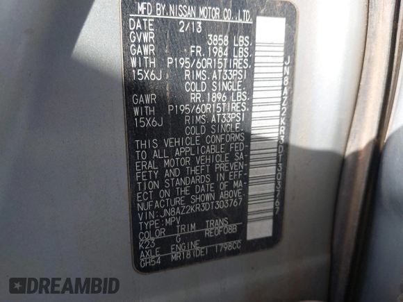 2013 Nissan Cube SL z VIN JN8AZ2KR3DT303767, wystawiony jako IAAI lot #41415942 z przebiegiem 148 218 mil mil oraz . Historia ofert i sprzedaży dostępna na DreamBid. Obrazek 9.