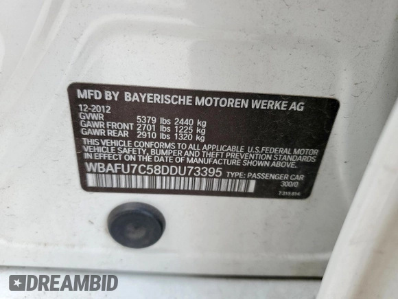 2013 BMW 5 Series 535i xDrive with VIN WBAFU7C58DDU73395, listed as a Copart auction lot 53998655 with 79,120 mi miles and Salvage title. Bid and sale history available at DreamBid. Image 12.
