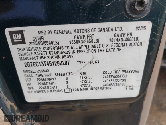 2005 GMC Sierra 1500 SLE z VIN 2GTEC13T451292207, wystawiony jako IAAI lot #42099007 z przebiegiem 225 446 mil mil oraz . Historia ofert i sprzedaży dostępna na DreamBid. Obrazek 9.