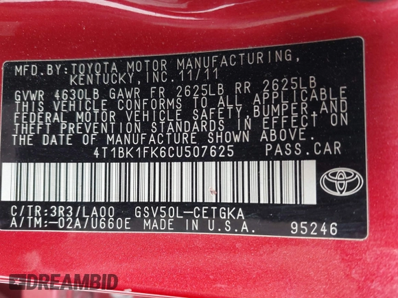 2012 Toyota Camry SE with VIN 4T1BK1FK6CU507625, listed as a IAAI auction lot 41744165 with 127,269 mi miles. Bid and sale history available at carsss.com. Image 9.