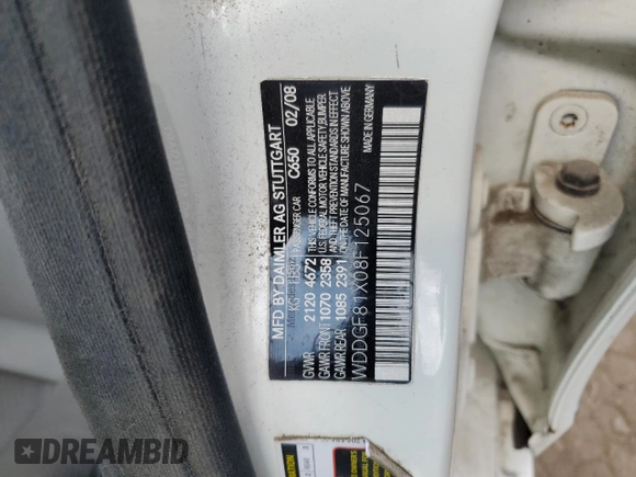 2008 Mercedes-Benz C 300 Sport with VIN WDDGF81X08F125067, listed as a Copart auction lot 61255975 with Not provided miles and Salvage title. Bid and sale history available at DreamBid. Image 13.