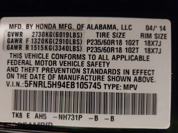 2014 Honda Odyssey Touring with VIN 5FNRL5H94EB105745, listed as a IAAI auction lot 41744012 with 77,032 mi miles and . Bid and sale history available at DreamBid. Image 9.