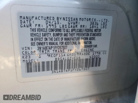 2015 Nissan Sentra SL with VIN 3N1AB7AP1FY267507, listed as a Copart auction lot 48666305 with 163,617 mi miles and Salvage Title. Bid and sale history available at DreamBid. Image 14.