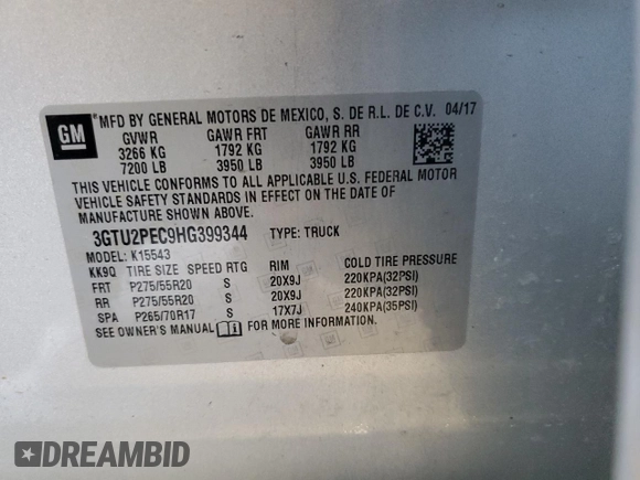 2017 GMC Sierra 1500 Denali with VIN 3GTU2PEC9HG399344, listed as a Copart auction lot 54091095 with 103,812 mi miles and Salvage Title. Bid and sale history available at DreamBid. Image 12.