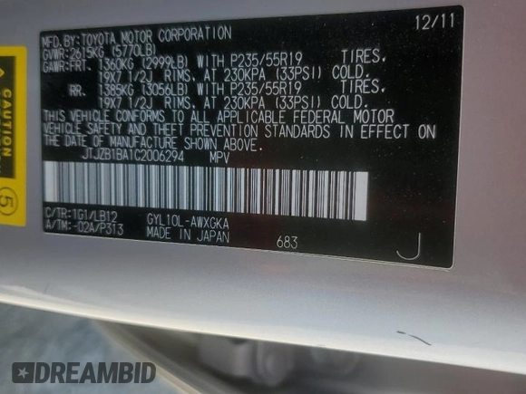 2012 Lexus RX 450h with VIN JTJZB1BA1C2006294, listed as a Copart auction lot 62128945 with 222,829 mi miles and Salvage title. Bid and sale history available at DreamBid. Image 13.