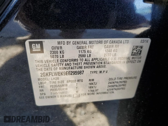 2014 GMC Terrain SLE with VIN 2GKFLWEK9E6295987, listed as a Copart auction lot 49624365 with 146,421 mi miles and Salvage title. Bid and sale history available at DreamBid. Image 13.