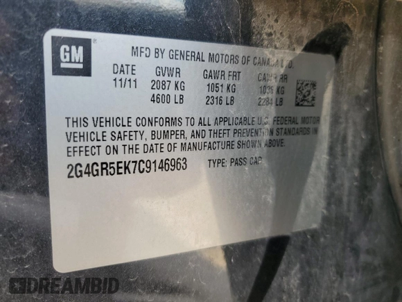 2012 Buick Regal with VIN 2G4GR5EK7C9146963, listed as a Copart auction lot 55975935 with 170,473 mi miles and Salvage title. Bid and sale history available at DreamBid. Image 12.