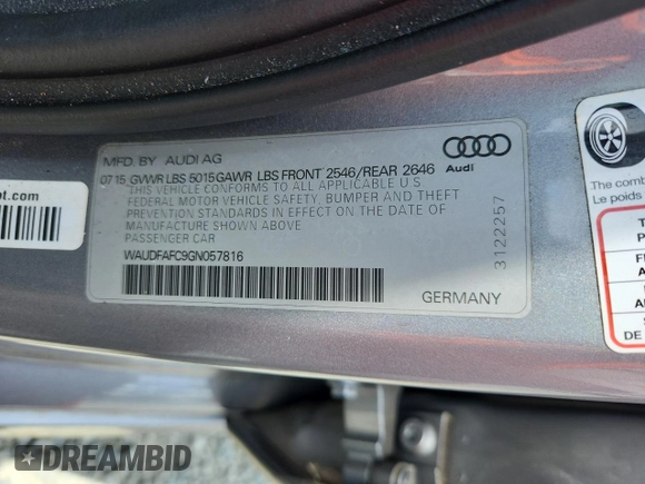 2016 Audi A6 Premium Plus with VIN WAUDFAFC9GN057816, listed as a Copart auction lot 60832495 with 111,531 mi miles and Salvage title. Bid and sale history available at DreamBid. Image 12.