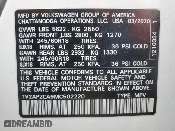 2021 Volkswagen Atlas S with VIN 1V2AP2CA9MC502220, listed as a Copart auction lot 45346035 with 65,428 mi miles and Clean title. Bid and sale history available at DreamBid. Image 13.